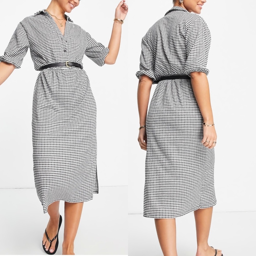 New ASOS short sleeve shirt midi dress mono check leg slit
